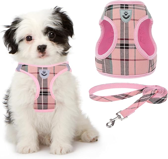 KOOLTAIL Dog Harness for Small Medium Dogs ,Dog Harness and Leash Set, Step in No Pull Soft Mesh Padded Adjustable and Reflective Pet Vest Harness Puppy, Plaid Extra Harness for XS S Dogs, Pink M