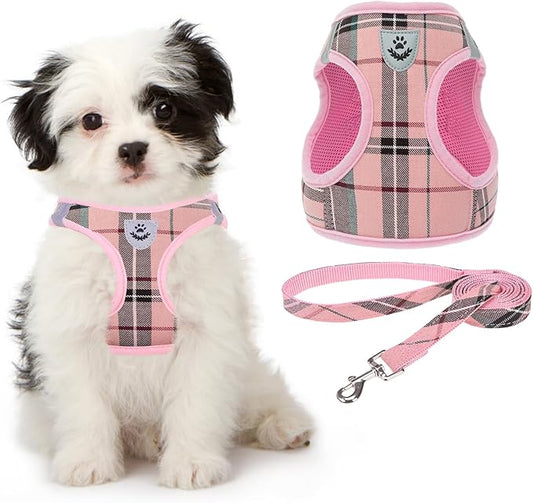 KOOLTAIL Small Dog Harness and Lead Set, Soft Mesh Plaid Puppy Harness with Safety Buckle, Adjustable & Comfortable Padded Reflective Vest for Puppies and Small Breeds Dogs Walking,Pink,X-Small