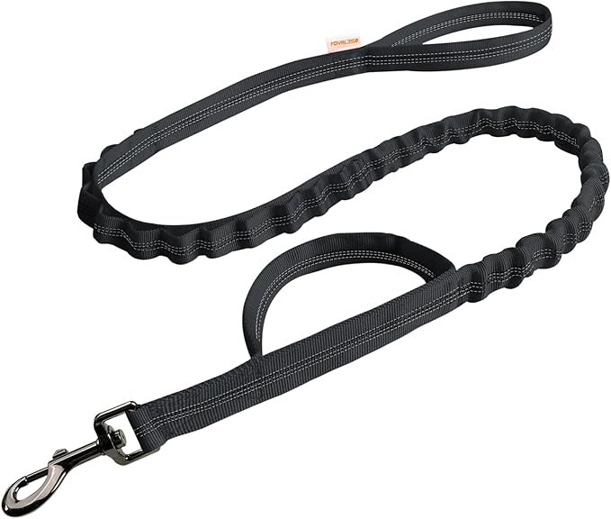 FOVRLZSE Reflective Heavy Duty Bungee Dog Leash - 4FT to 5FT Adjustable Shock Absorbing Leash with Double Padded Handle & 360° No Tangle Metal Clasp for Small Medium Large Dogs (Black)