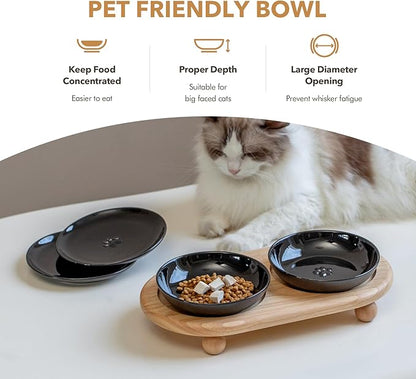 Havniva Raised Ceramic Cat Dishes, Food& Water Bowl with 2 Style Stand Adjustable Raised Pet Bowl Set, Anti Whisker Fatigue(2Dish+2Shallow Dish+Stand, Black
