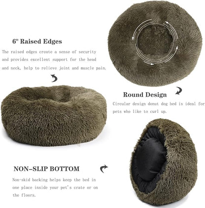 Calming Donut Dogs Beds for Small Dogs Washable,19inch Fluffy Round Puppy Bed for Puppies,Cats & Toy Breeds with Raised Rim,Fits up to 15 lbs Pets,Army Green