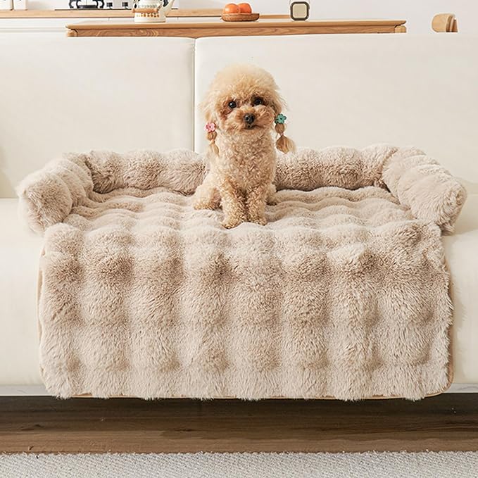 Calming Dog Bed for Couch, 29.5 x 29.5 inch, Non-Slip Rabbit-Velvet Dog Sofa Mat for Furniture Protector, Perfect for Small, Medium Dogs and Cats (Khaki)