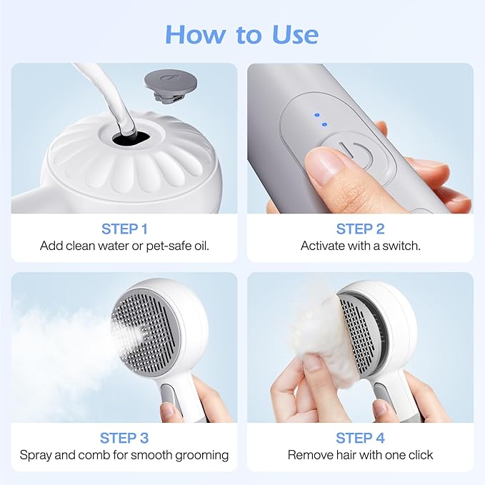 Steam-Like Spray Cat Brush - 3-in-1 USB Rechargeable Deshedding & Self-Cleaning Brush with Water Mist for Long & Short Hair Cats Dogs, Waterproof, 2 Speed Settings