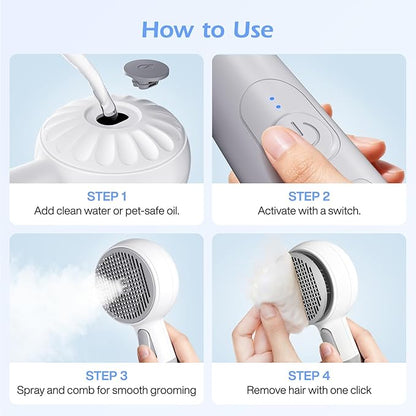 Steam-Like Spray Cat Brush - 3-in-1 USB Rechargeable Deshedding & Self-Cleaning Brush with Water Mist for Long & Short Hair Cats Dogs, Waterproof, 2 Speed Settings
