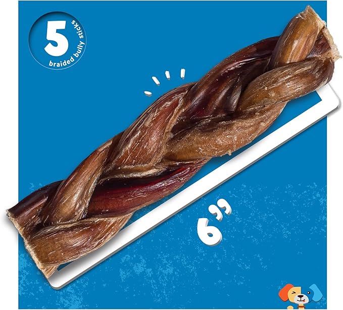 Jack&Pup 6" Braided Bully Sticks (5 Pack) Long Lasting Thick Bully Sticks for Medium to Large Dogs and Aggressive Chewers, Single Ingredient Dog Chews