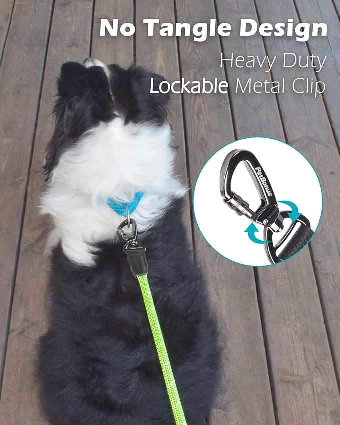 PetBonus Double Handle Rope Dog Leash, 6FT Heavy Duty Training Lead with Lockable Hook and 2 Comfortable Padded Handles, Reflective Walking Nylon Leash for Large Medium Dogs (55-200 lbs, Green)
