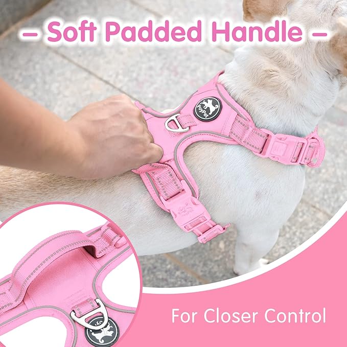 PoyPet No Pull Dog Harness and 5 Feet Leash Set, Release on Neck Reflective Adjustable Pet Vest, Front & Back 2 D-Ring and Soft Padded Pet Harness with Handle for Small to Large Dogs(Pink,M)