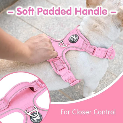 PoyPet No Pull Dog Harness and 5 Feet Leash Set, Release on Neck Reflective Adjustable Pet Vest, Front & Back 2 D-Ring and Soft Padded Pet Harness with Handle for Small to Large Dogs(Pink,M)