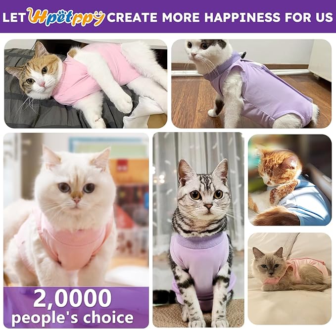 Hpetppy Cat Recovery Suit for Spay Abdominal Wound, Breathable Kitten Onesie for Cats After Surgery, Anti Licking Cat Cone Alternative, Pet Surgery Recovery Shirt-Purple(L)