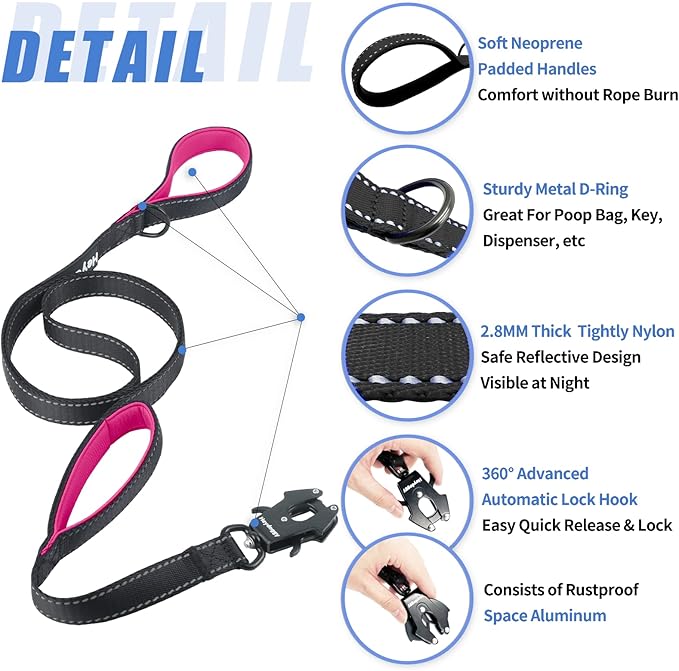 Strong Heavy Duty Dog Leash - 5ft Reflective Nylon Training Leash with Soft Padded Double Handle & Auto Lock Frog Clip - Safety Traffic Control for Large Medium Small Dogs No Pull Walk Black Pink,5ft