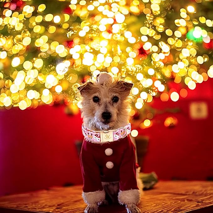 Elegant little tail Christmas Dog Collar, Pink Deer Print Pet Collar Dog Durable Cute Dog Collars Winter Holiday Male or Female Pet Gift Adjustable Dog Collar for Medium Dogs