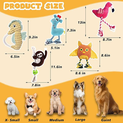 MRSOHRET 5 Pack Plush Dog Toys with Rope, Squeaky Dog Toys, Tug of War Dog Interactive Toy, Durable Dog Chew Toys for Large Dogs & Puppies