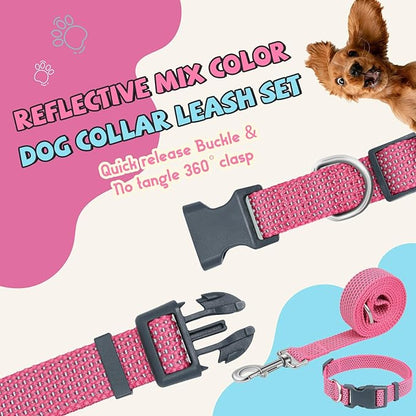 Reflective Dog Collar and Leash Set, Nylon Dog Leash with Heavy-Duty Steel D-Ring, Adjustable with Quick Release Buckle for Medium Dogs, Pink M