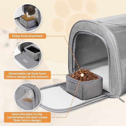 FOORLON Cat Carrier Soft for Pets Up to 25 Lbs, Cat Travel Bag with Padded Shoulder Strap and Detachable Cat Food Bowl, Pet Dog Carriers for Small Dogs Travel Puppy Carry Airline Approved, Grey
