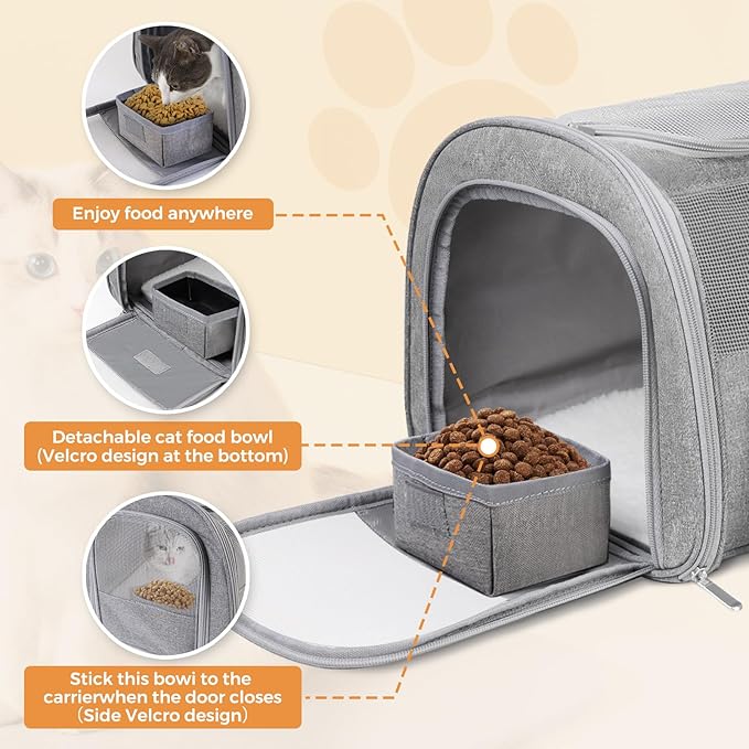 FOORLON Cat Carrier Soft for Pets Up to 15 Lbs, Cat Travel Bag with Padded Shoulder Strap and Detachable Cat Food Bowl, Pet Dog Carriers for Small Dogs Travel Puppy Carry Airline Approved, Grey
