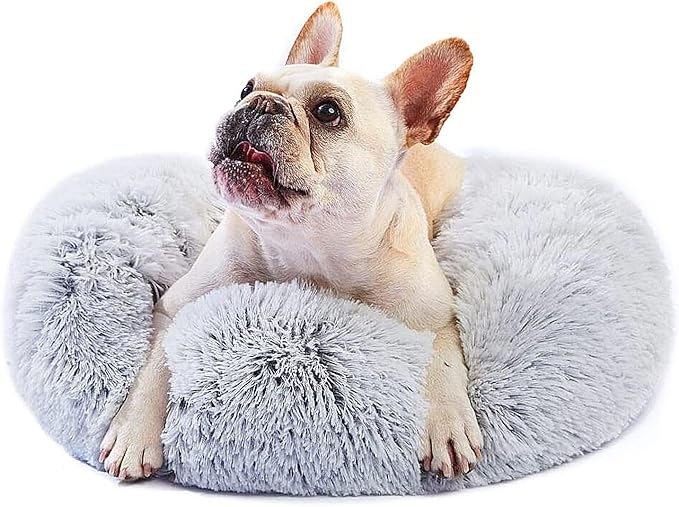 Calming Donut Dogs Beds for Small Dogs Washable,23inch Plush Round Pet Bed for Cozy Sleep,Fluffy Faux Fur Large Cat Bed,Fits up to 25 lbs Pets,Frost Grey