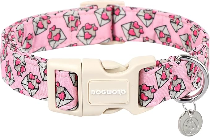 DOGWONG Valentine's Love Letter Dog Collar - Adjustable Durable Pink Heart Cute Collar for Small Medium Dogs