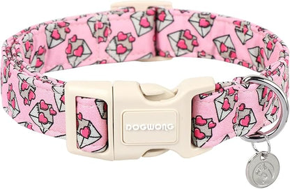DOGWONG Valentine's Love Letter Dog Collar - Adjustable Durable Pink Heart Cute Collar for Small Medium Dogs