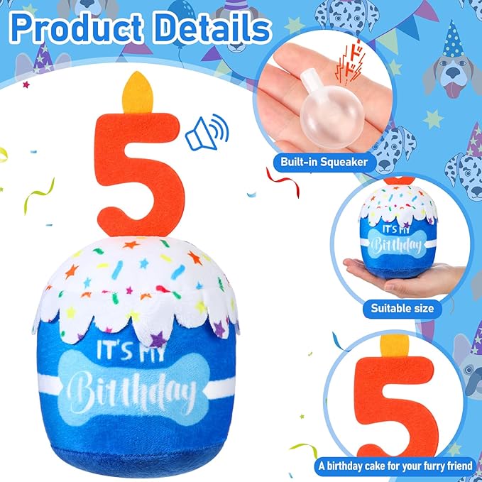 Dog Birthday Cake Toy Accessories for Girl Boy Gifts, Squeaky Plush Toy for Dog Birthday Party Decor Favor for Large, Medium and Small Dogs(5th,Blue)