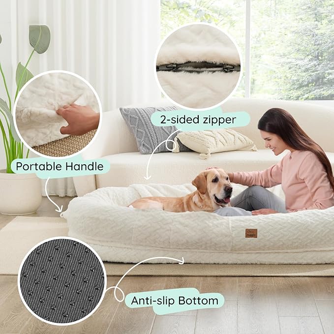 Human Dog Bed Cover - Luxury Faux Fur Giant Size Dog Bed Cover, 72"x40"x10", Ivory White