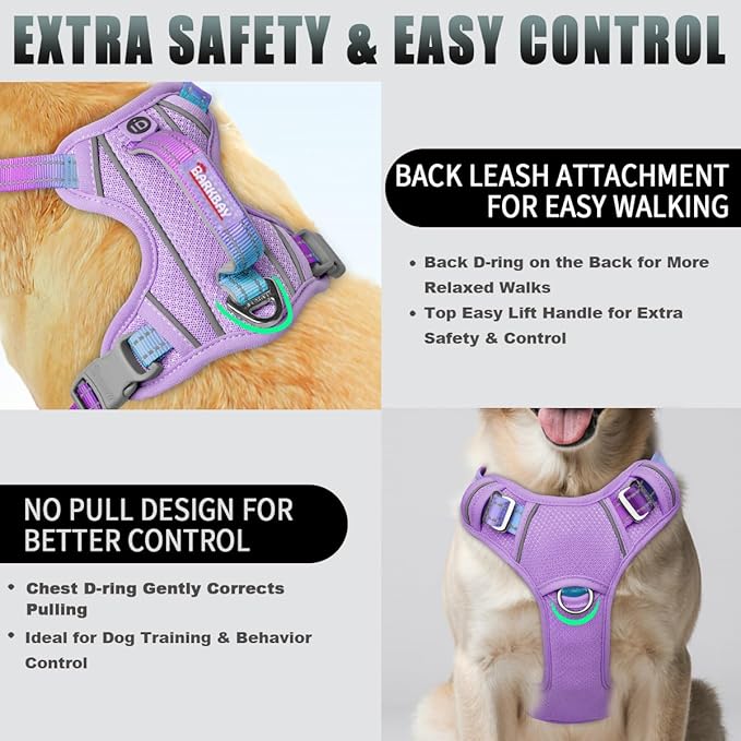 BARKBAY No Pull Dog Harness Large Reflective Dog Harness with Front Clip and Easy Control Handle for Walking Training Running with ID tag Pocket(Lavender Sky,L)