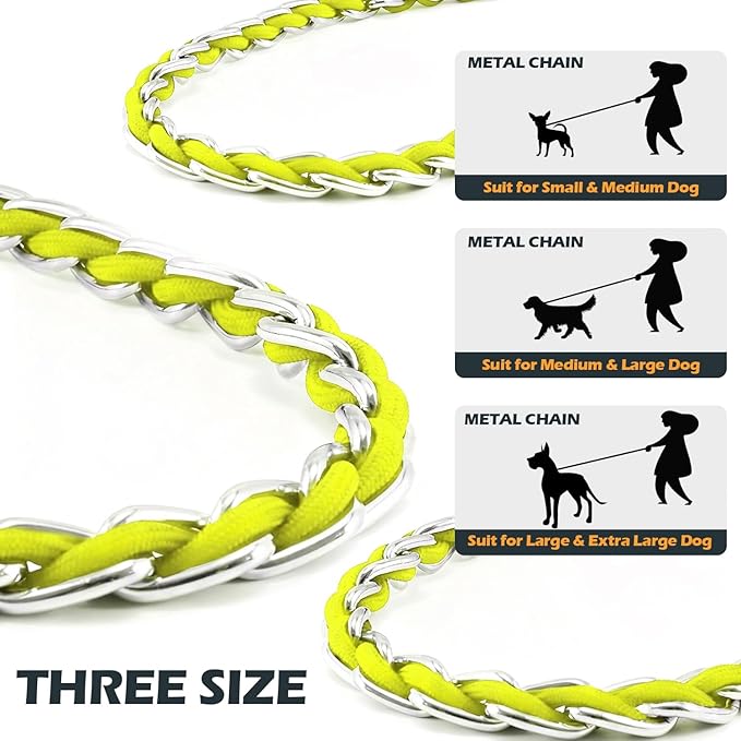 Chain Dog Leash Chew Proof Metal Leash for Medium Large Dogs, Chain Link Anti Chew 4FT Strong Anti Bite Comfortable Soft Padded Handle Yellow 3.0