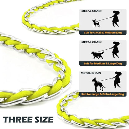 Chew Proof Metal Leash Chain Dog Leash for Medium Large Dogs, Chain Link Anti Chew 4FT Strong Anti Bite Comfortable Soft Padded Handle Yellow