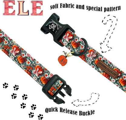 Elegant little tail Halloween Dog Collar, Pumpkin with Flower Print Fall Pet Collars Cotton Soft Sturdy Puppy Collars Holiday Female Adjustable Collar for Large Dogs