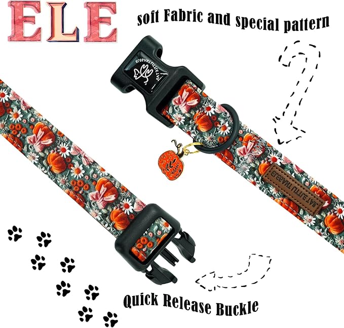 Elegant little tail Halloween Dog Collar, Pumpkin with Flower Print Fall Pet Collars Cotton Soft Sturdy Puppy Collars Holiday Female Adjustable Collar for Small Dogs