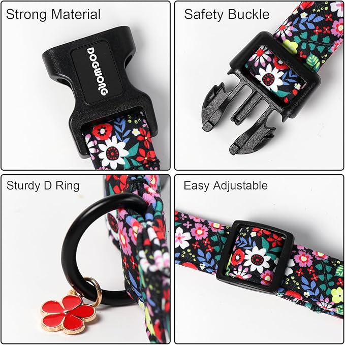 DOGWONG Floral Dog Collar- Cute Spring Wildflowers Dog Collars with Plastic Buckle, Light Adjustable Girl Female Dog Collars for Small Medium Large Dogs,L