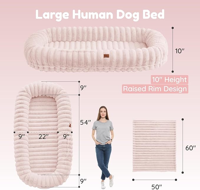 ChiXnuggle Human Dog Bed for Adult - Luxury Striped Faux Fur Giant Dog Bed with Portable Handle, Egg Orthopedic Foam Pad with Thick Warm Blanket, 72"x40"x10", Pink