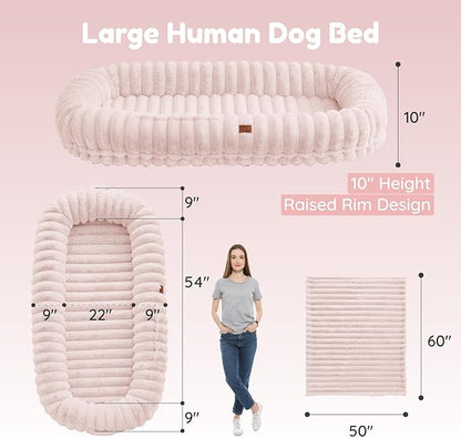 ChiXnuggle Human Dog Bed for Adult - Luxury Striped Faux Fur Giant Dog Bed with Portable Handle, Egg Orthopedic Foam Pad with Thick Warm Blanket, 72"x40"x10", Pink
