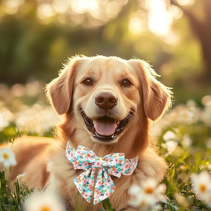 Floral Dog Collar with Bow Tie - Adjustable Blue Flower Lady Bow Collar Breathable Comfort Spring-Summer Dog Collars for Small Medium Large Dogs XL