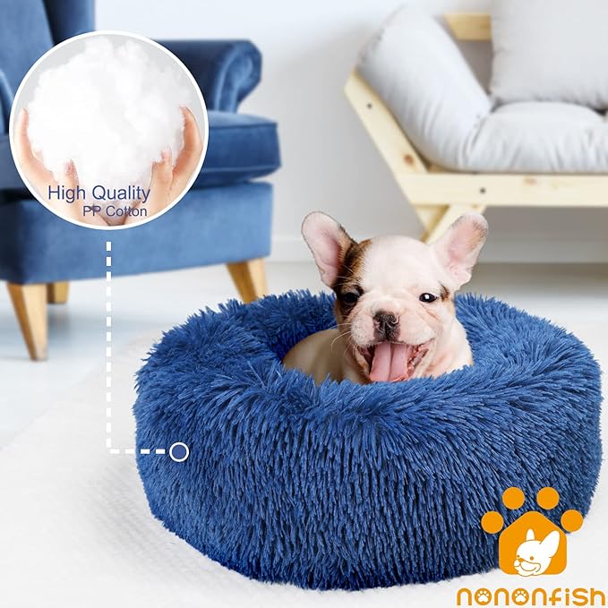 Calming Donut Dogs Beds for Small Dogs Washable,19inch Fluffy Round Puppy Bed for Puppies,Cats & Toy Breeds with Raised Rim,Fits up to 15 lbs Pets,Navy Blue