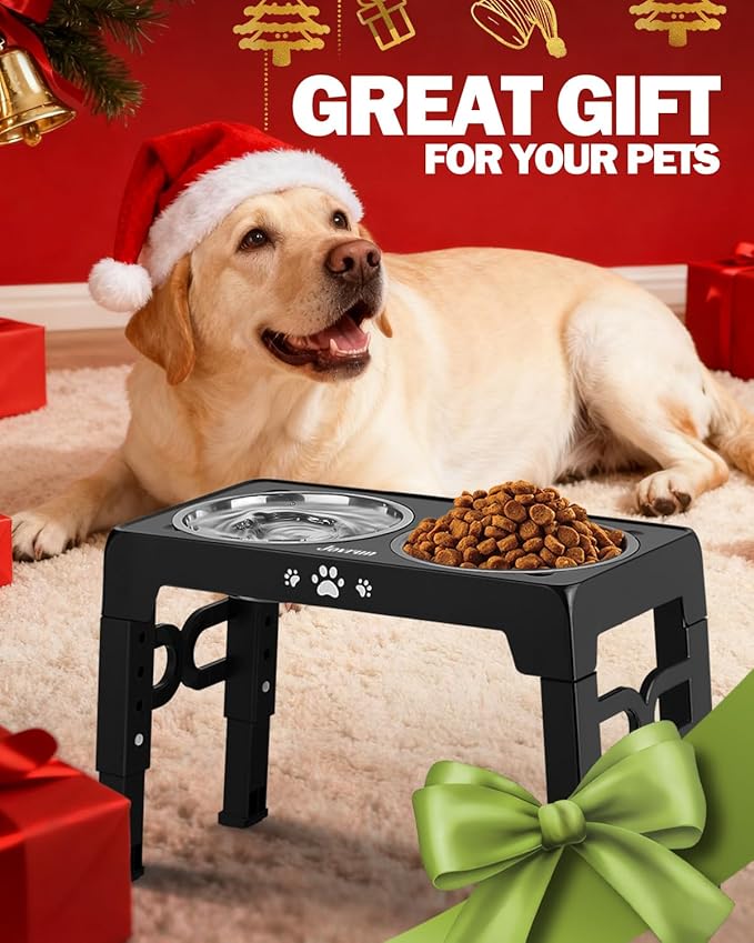 Elevated Dog Bowls, Dog Feeder with 1*Stainless Steel Dishes & 1*Slow Feeder Bowl, 5 Heights Adjustable Raised Stand for Medium Large, Food Dishes with Non-Slip Feet