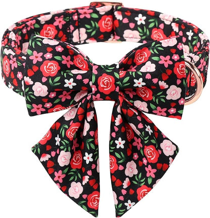 Floral Dog Collar with Lady Bow - Rose Red Wild Flowers Pattern Bowtie Puppy Collar, Adjustable Winter Heavy Duty Dog Collars for Small Medium Large Dogs XL