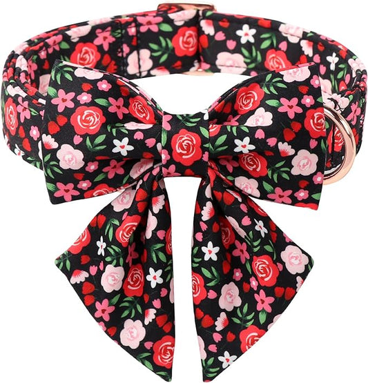 Floral Dog Collar with Lady Bow - Rose Red Wild Flowers Pattern Bowtie Puppy Collar, Adjustable Winter Heavy Duty Dog Collars for Small Medium Large Dogs XS