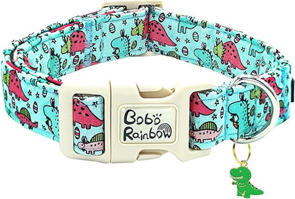 Dog Collar-Blue Pink Dinosaur Print Adjustable Pet Collars Soft Comfortable Puppy Collar Cute Cotton Collars Durable Gift for Large Dogs