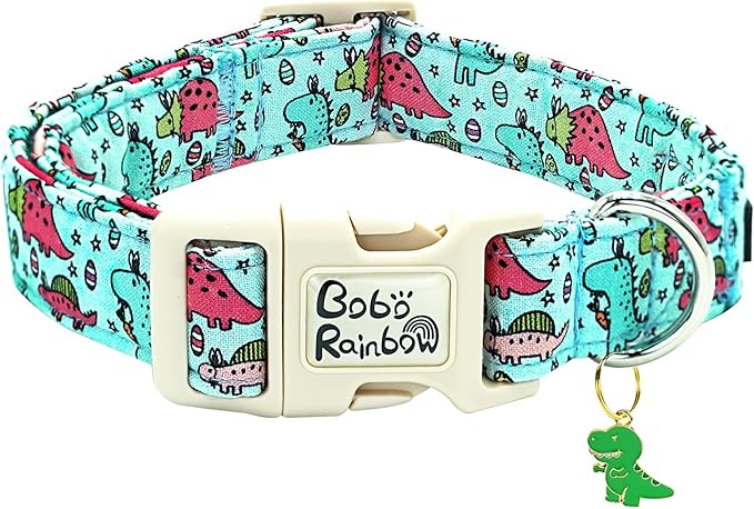 Dog Collar-Blue Pink Dinosaur Print Adjustable Pet Collars Soft Comfortable Puppy Collar Cute Cotton Collars Durable Gift for Small Dogs