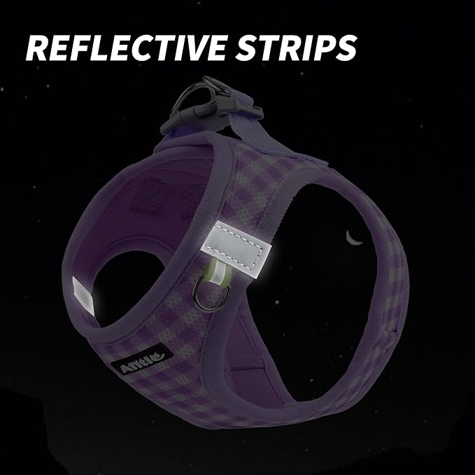 AIITLE Medium Dog Harness – Breathable Mesh with Plaid Design & Dual D-Rings – Secure Fit for Camping, Hiking & Daily Adventures (L, Purple)