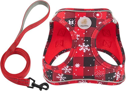 Hipubby Christmas Dog Harness and Leash Set, No Pull Soft Mesh Puppy Harness for Small Medium Dogs, Cats - Step in Reflective Vest Harness for Walking, Training - Christmas Red, L