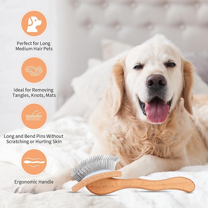 Dog Slicker Brush & Stainless Steel Comb Set for Shedding & Grooming Medium & Large Long or Thick Coated Dogs, Doodles & Cats, 1 Inch Pin Slicker Brush with Ergonomic Wooden Handle, Oak