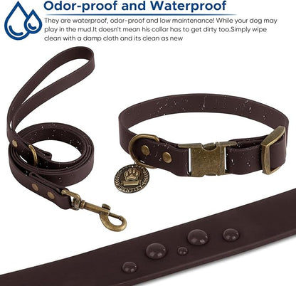 Wisedog Dog Collar and Leash Set, Waterproof Adjustable Puppy Collars with Cute Tag 4FT Dog Leash with Poop Bag for Small Medium Large Dogs (XS, Brown)