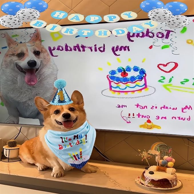 Pet Birthday Party Set,Dogs Bandana and Dog Birthday Hat with Star Pattern Design, Adjustable Sequin Bow tie Accessories, Blue Birthday Boy Scarf (Dark Blue)