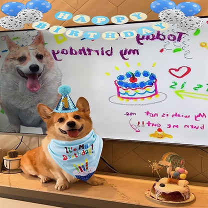 Pet Birthday Party Set,Dogs Bandana and Dog Birthday Hat with Star Pattern Design, Adjustable Sequin Bow tie Accessories, Blue Birthday Boy Scarf (Dark Blue)