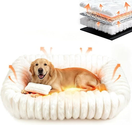 Dog Beds Large Sized Dog, Washable Self Warming Dog Cat Bed Rectangle Orthopedic Large Pet Sofa, Super Soft Plush Rabbit Fur Pet Couch Cute Cat Bed with Removable Zipper Cover & Anti-Slip Bottom
