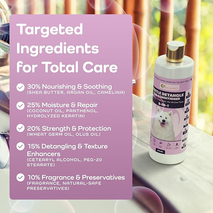 Gentle Detangle Dog Conditioner – 8-in-1 Leave-in Moisturizing Formula | Puppy Safe | Detangles & Softens Fur | 475 ml | for All Coat Types