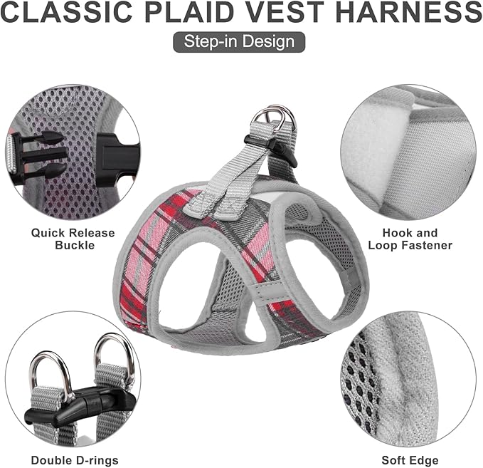 EXPAWLORER Classic Plaid Puppy Harness - Small Dog Harness and Leash Set - Dog Collar and Leash Set with AirTag Holder, Soft Padded Step in Dog Vest Harness No Pull Reflective for Outdoor, Grey M