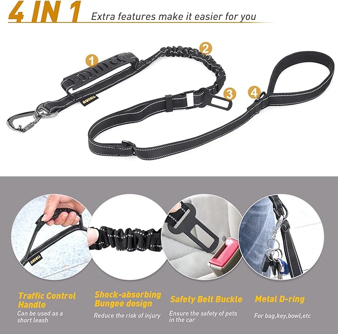 AUBELL Tactical Dog Leash Heavy Duty,4-6ft Reflective Strong No Pull Bungee Leash for Medium Large Dogs with Comfortable Padded Double Handle,Car Seat Belt,360 Degree Rotating Carabiner,Black
