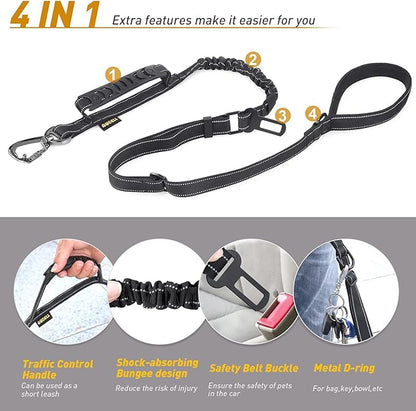 AUBELL Tactical Dog Leash Heavy Duty,4-6ft Reflective Strong No Pull Bungee Leash for Medium Large Dogs with Comfortable Padded Double Handle,Car Seat Belt,360 Degree Rotating Carabiner,Black